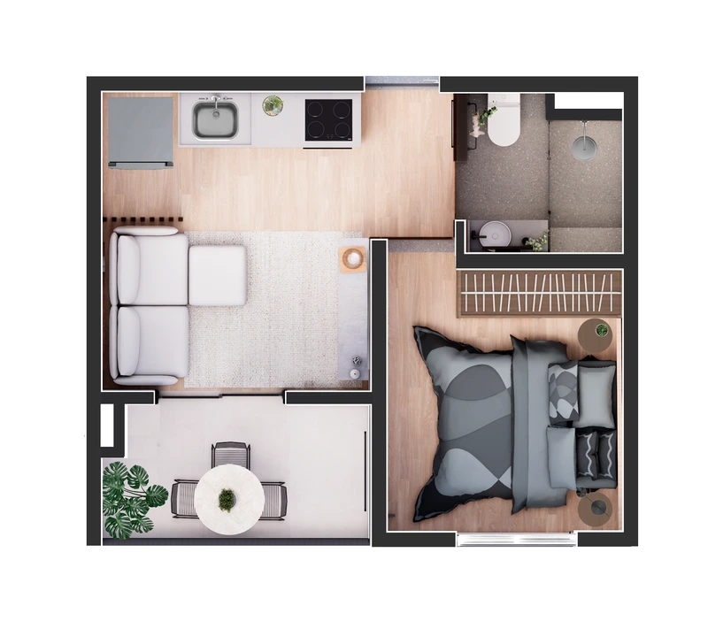 Planta humanizada oficial de 1 dormitório e 27,53 m², com varanda